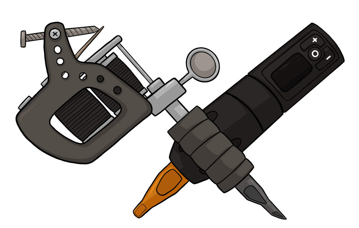 A coil tattoo machine and a rotary tattoo pen in a crossed X formation.